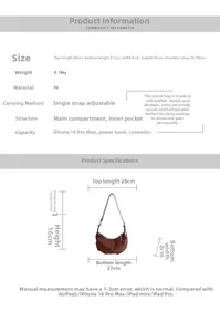Detailed view of brown PU leather saddle bag showing adjustable strap and size dimensions
