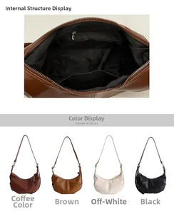 Detail view of the interior zip pocket and four color options for the crescent bag