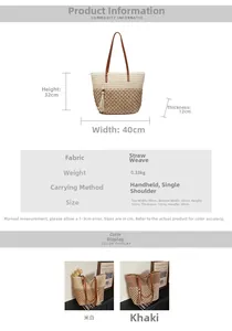 Diagramme détaillé montrant les dimensions du grand sac de plage en paille tissée