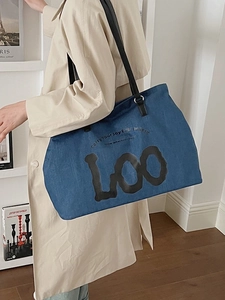 Blue denim tote bag with large capacity, leather straps and stylish letter print