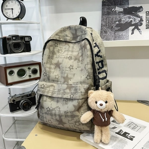 Zaino scolastico grigio chiaro con motivi a stelle e ciondolo orsetto di peluche