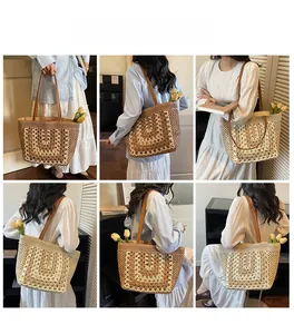 Collage of model showcasing bohemian woven tote bag with leather straps in various angles