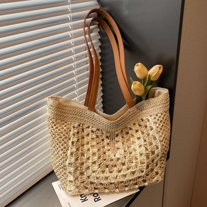French Style Hand Woven Straw Tote Bag Large Capacity Beach Vacation Shoulder Bag With PU Leather Straps Summer Shopper Women