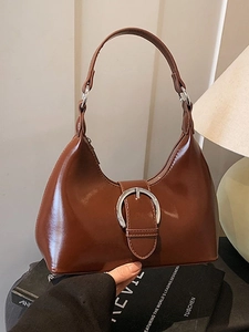 French Niche Hobo Dumpling Bag For Women Retro Shiny PU Leather Shoulder Crossbody Bag Silver Metal Buckle Daily Tote