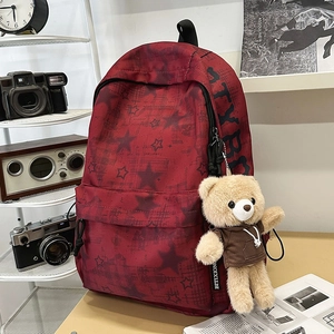 Zaino Scolastico in Nylon con Stampa Alfabeto Stella Moda Donna Zaino per Studenti Leggero ad Alta Capacità con Ciondolo a Orso