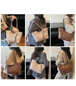 Detailed views of high-capacity tote bags in apricot and brown showing various carrying styles