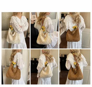 Detail showing handwoven bucket bag textures and leather straps in multiple angles