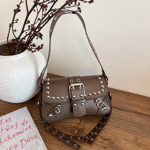 Vintage Punk Rivet Shoulder Bag For Women Y2K Moto Style Synthetic Leather Underarm Bag With Large Metal Buckle Detail