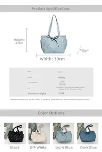 Detailed dimension chart and color options for polka dot bow tote bag with size specs