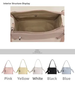 Detail view of inner zip pocket and five color options for women's litchi pattern handbags