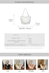 Detailed size chart and dimensions of the large PU leather tote bag in four colors