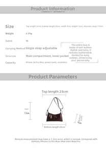 Detailed size guide for dark brown vintage PU leather crossbody bag with dimensions