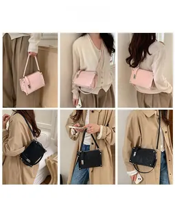 Collage of leather pillow bag showing crossbody and handheld styles in pink and black