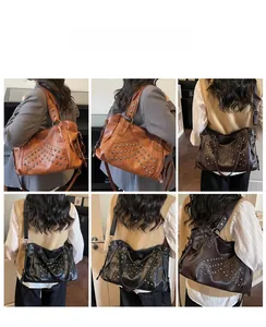 Detail view of large rivet tote bags in caramel and black faux leather for daily use