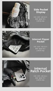 Detail of dark grey denim shoulder bag with floral embroidery showing inner zip pockets