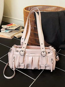 Sac à Épaule Femme en Cuir Synthétique Brillant Plissé Avec Anneau Métallique Rivet Vintage Y2K Bandoulière Cabas
