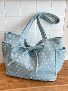 Women Large Capacity Canvas Tote Bag Star Print Shoulder Bag With Bow Decoration Fashion Commuting Handbag College Student