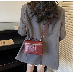 Close-up of burgundy ostrich-embossed leather mini bag with silver-tone hardware