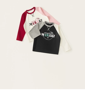 Detailed flat lay of children's raglan sleeve cotton t-shirts with letter prints