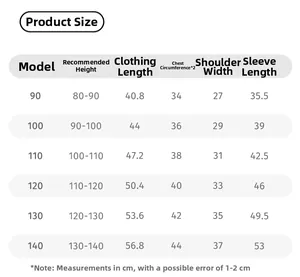 Detaillierte Größentabelle für Mädchen-T-Shirts mit Körpergröße und Abmessungen