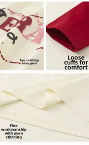 Detailed macro view of letter print and fine double stitching on cotton raglan sleeve tee