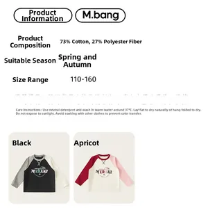 Detail view of cotton raglan long sleeve T-shirt showing fabric specs and Meraki print