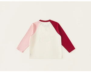 Flat lay of a girls raglan long sleeve T-shirt with pink and maroon color block sleeves