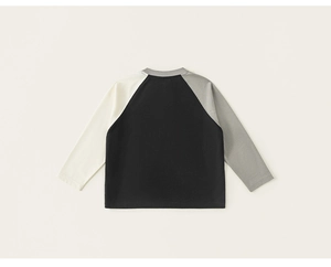 Detailed back view of kids colorblock raglan sleeve t-shirt in black and grey cotton