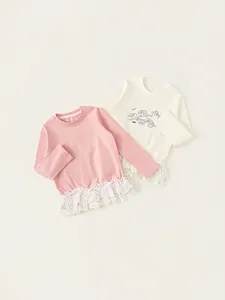 Mädchen Süße Baumwolle Langarm T-Shirt Mit Spitzenbesatz Saum Buchstaben Druck Rundhals Pullover Top Für Kinder