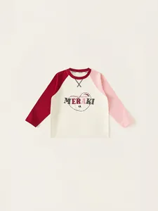 Girls' raglan long sleeve cotton T-shirt with heart print and asymmetric sleeves
