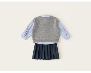 Detailansicht der Schuluniform für Kinder mit grauer Weste, blauem Hemd und Faltenrock in Navy