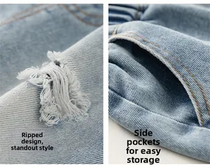 Detail of ripped light blue denim shorts with sturdy stitching and functional side pockets