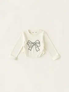 T-Shirt à Manches Longues en Mélange de Coton pour Filles Col Rond Imprimé Nœud Pull Printemps Automne Haut Décontracté Enfants