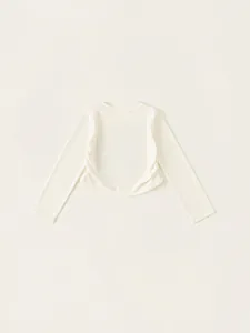 T-shirt manches longues fille crème avec col rond et ourlet courbé plissé latéral