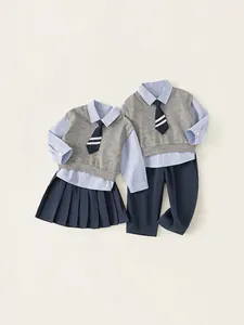 Kinder Akademie Britisch Preppy Uniform Gestreiftes Baumwollhemd V Ausschnitt Strickweste Krawatte Hose Faltenrock