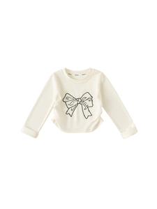 T-shirt manches longues crème pour filles avec imprimé nœud à pois et col rond élégant
