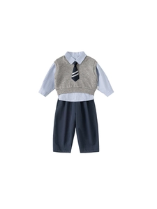 Schulstil Kinder Set mit gestreiftem Hemd, Strickweste, Krawatte und marineblauer Hose