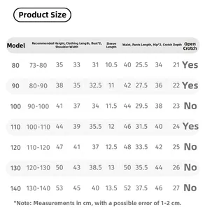 Detailed size chart for children's striped t-shirt and shorts set ranging from 80 to 140
