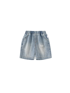 Boys light blue distressed denim shorts with elastic waistband and frayed ripped details