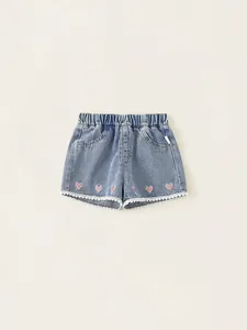 Girls Sweet Denim Shorts Heart Embroidered Lace Trim Summer Casual Cotton Blend Thin Jeans Shorts For Toddlers Kids