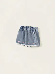 Girls sweet light blue denim shorts with heart embroidery and white lace trim
