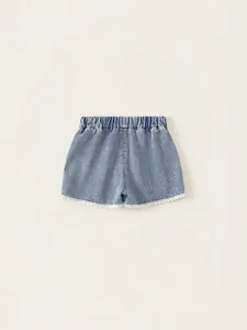 Sweet girls light blue denim shorts with elastic waist and white lace trim decoration