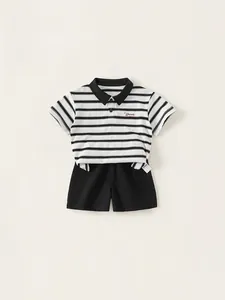 Children's summer set with black and white striped polo shirt and matching black shorts