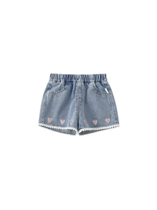 Girls' light blue denim shorts with sweet pink heart embroidery and lace trim detail