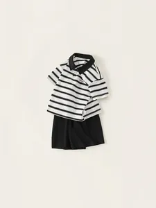 Kids black and white striped polo set with Dream embroidery and casual shorts