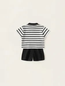 Kids black and white striped cotton polo shirt and shorts summer two-piece outfit