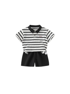 Kids black and white striped cotton Polo t-shirt and shorts summer two-piece outfit
