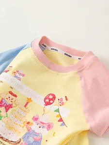 Girls' casual short sleeve T-shirt with color block sleeves and cute cartoon dog print