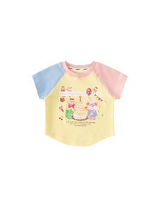 Kids color-block raglan sleeve T-shirt with cute cartoon dessert and bear print