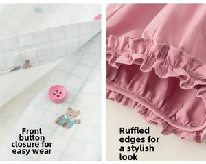 Detail of baby girl summer outfit showing button-front closure and ruffled pink trim